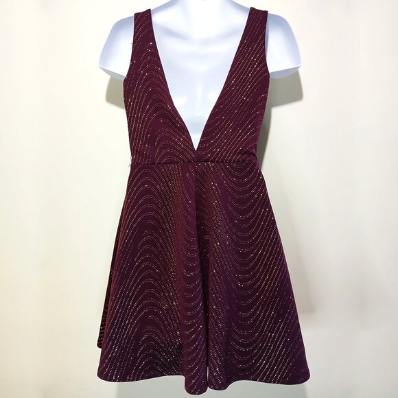 Bailey Blue Plum & Gold Sparkle A-Line Deep Back V-Neck Mini Skater Dress Size M - Picture 6 of 14